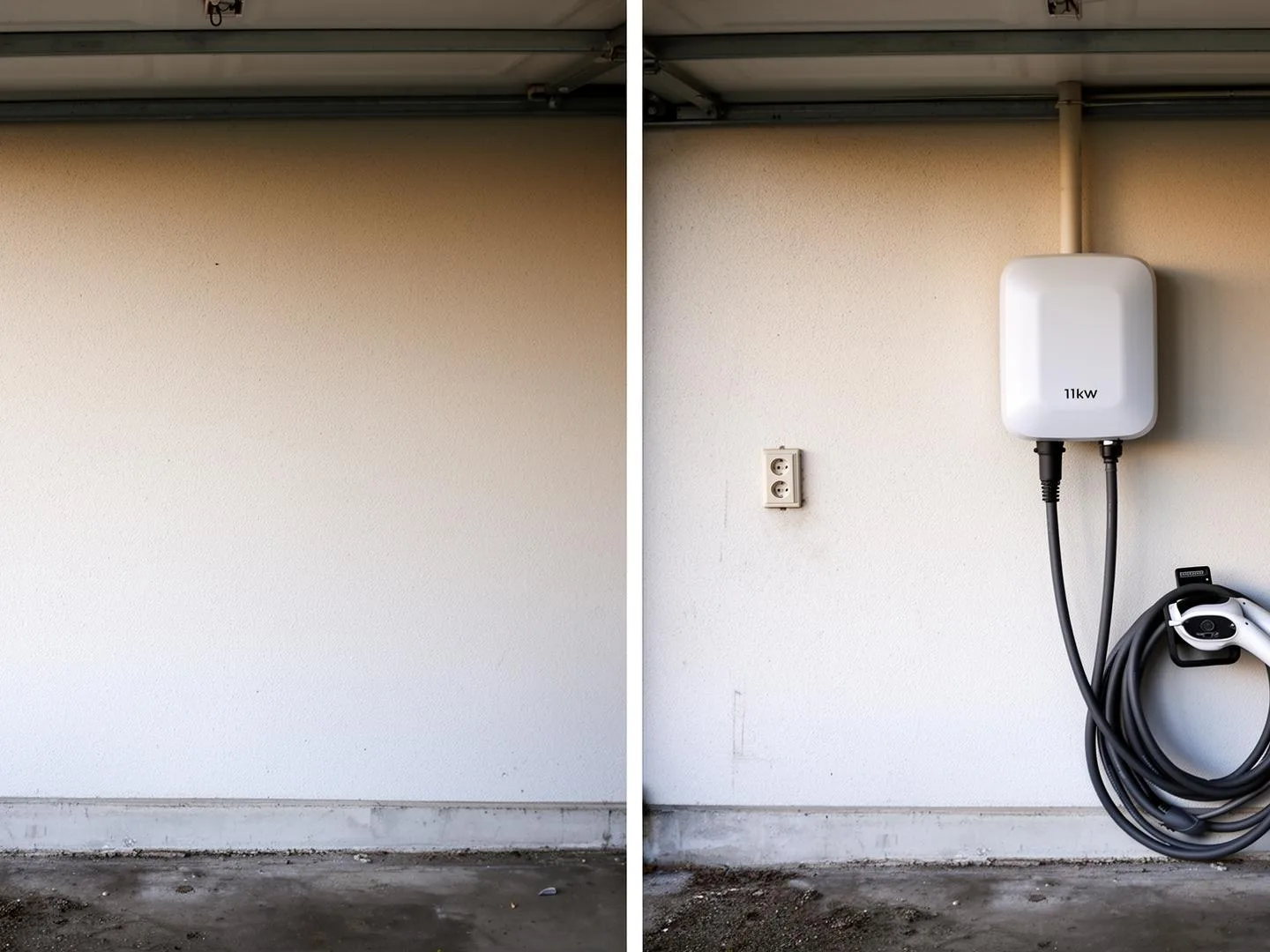 Vorher und Nachher einer Wallbox-Installation an einer Garagenwand